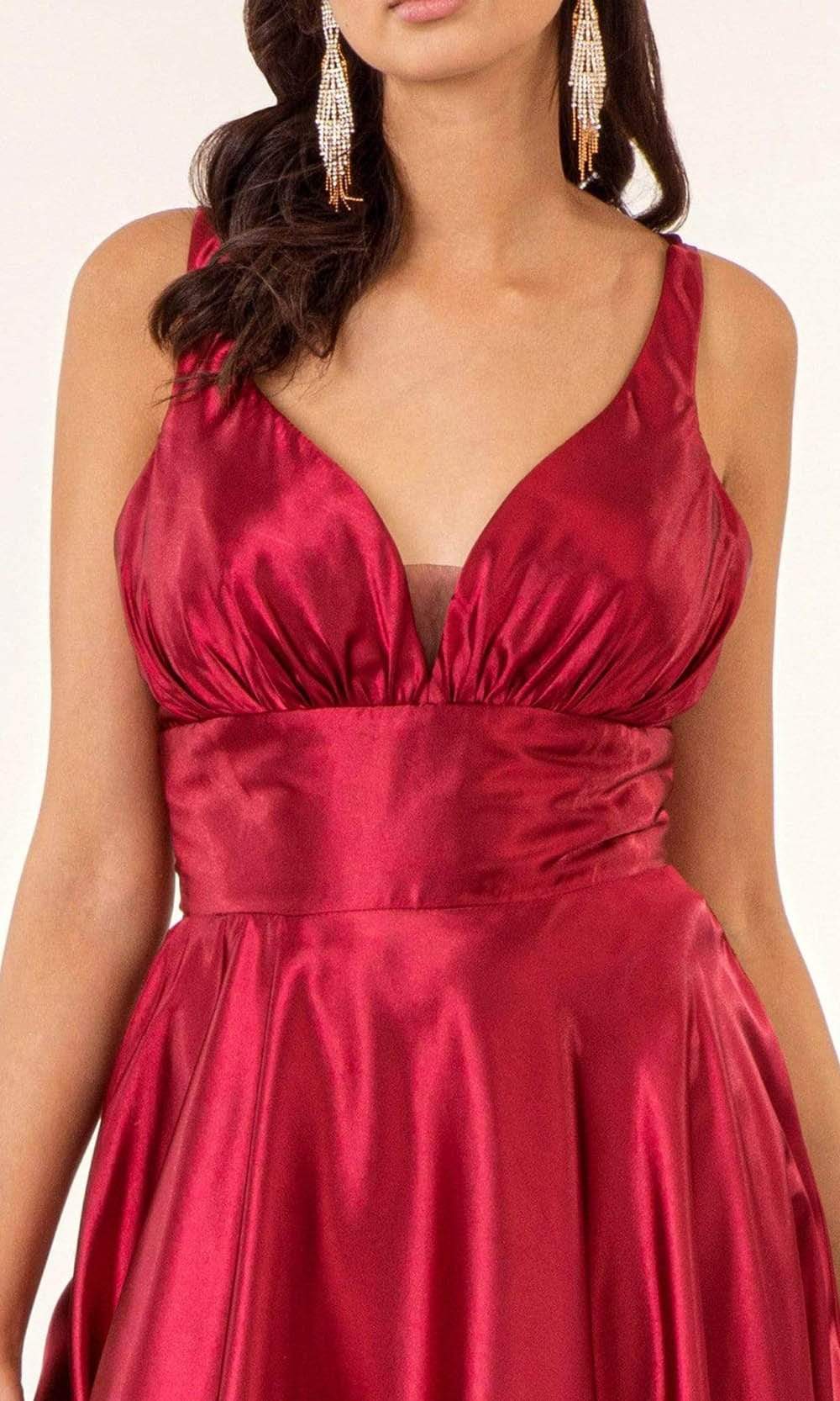 Elizabeth K - GL2963 Deep V-Neck Satin A-Line Dress with Slit Prom Dresses