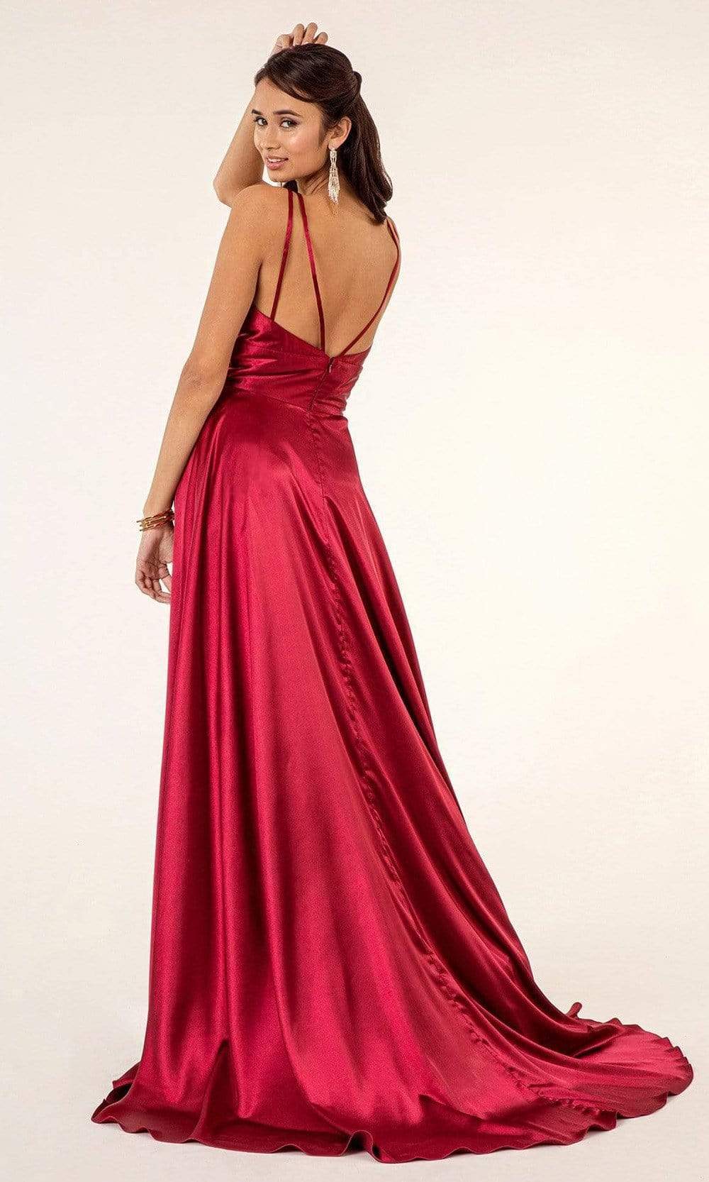 Elizabeth K - GL2963 Deep V-Neck Satin A-Line Dress with Slit Prom Dresses