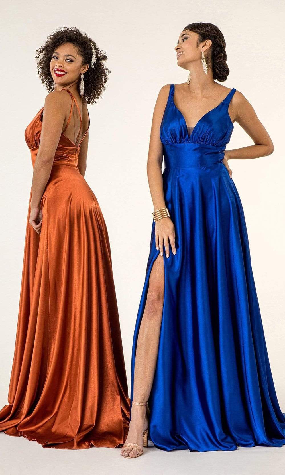 Elizabeth K - GL2963 Deep V-Neck Satin A-Line Dress with Slit Prom Dresses