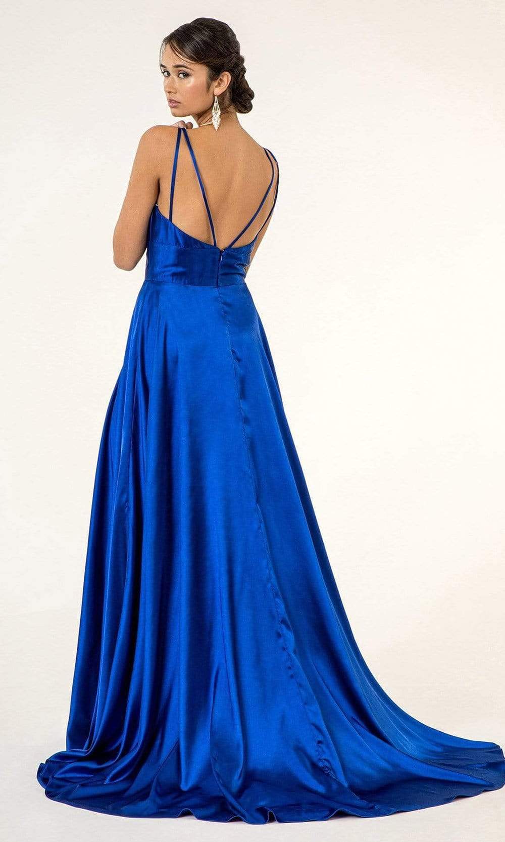 Elizabeth K - GL2963 Deep V-Neck Satin A-Line Dress with Slit Prom Dresses