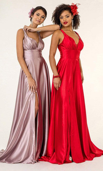 Elizabeth K - GL2963 Deep V-Neck Satin A-Line Dress with Slit Prom Dresses