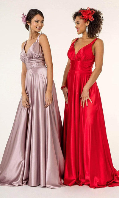 Elizabeth K - GL2963 Deep V-Neck Satin A-Line Dress with Slit Prom Dresses