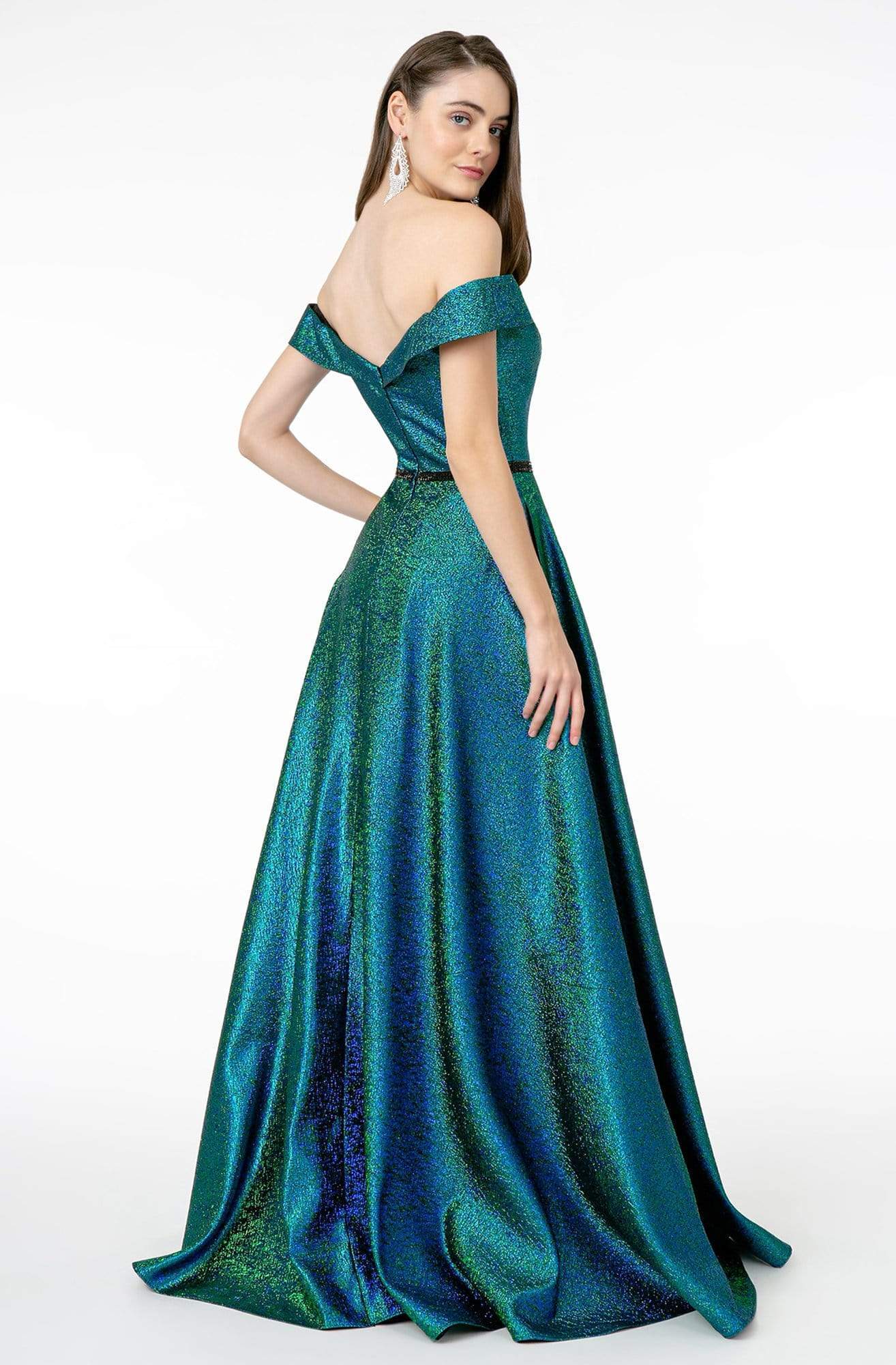 Elizabeth K - GL2982 Folded Off Shoulder Metallic Lame A-Line Gown Prom Dresses
