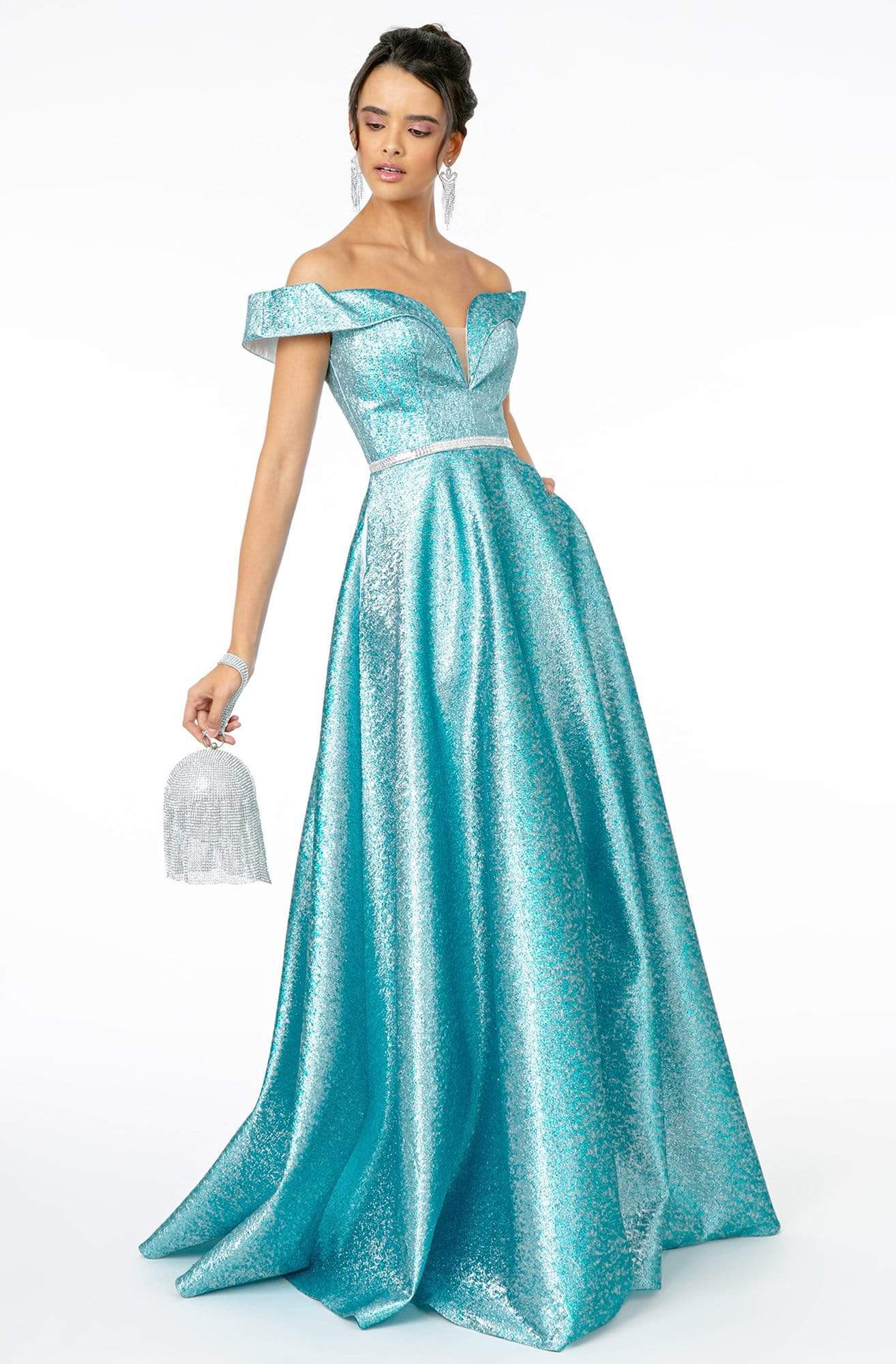 Elizabeth K - GL2982 Folded Off Shoulder Metallic Lame A-Line Gown Prom Dresses XS / Blue