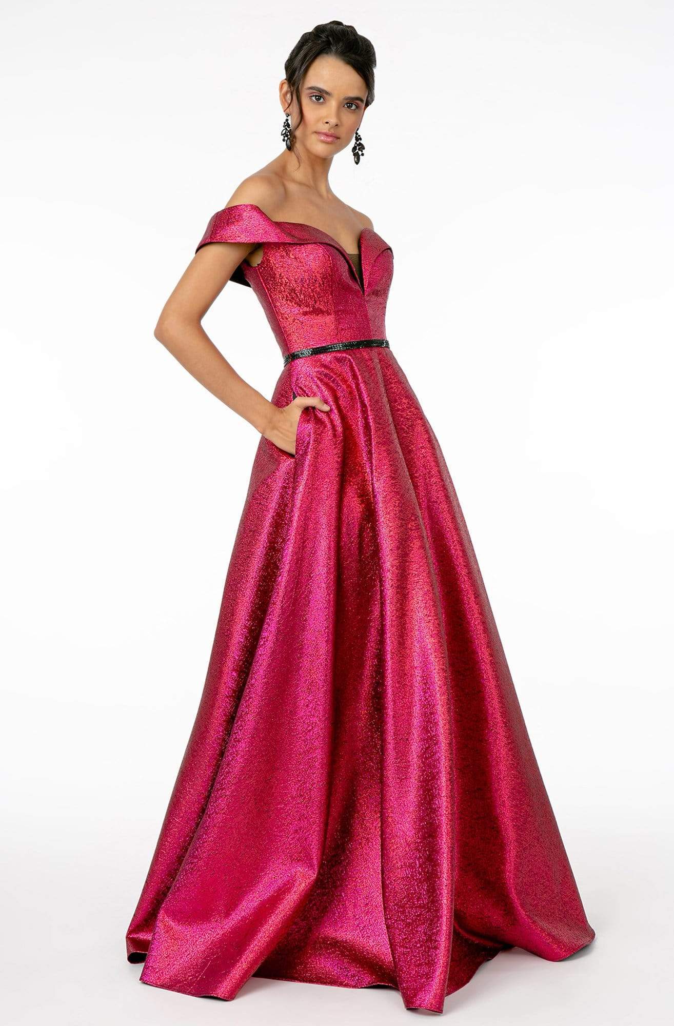 Elizabeth K - GL2982 Folded Off Shoulder Metallic Lame A-Line Gown Prom Dresses XS / Burgundy