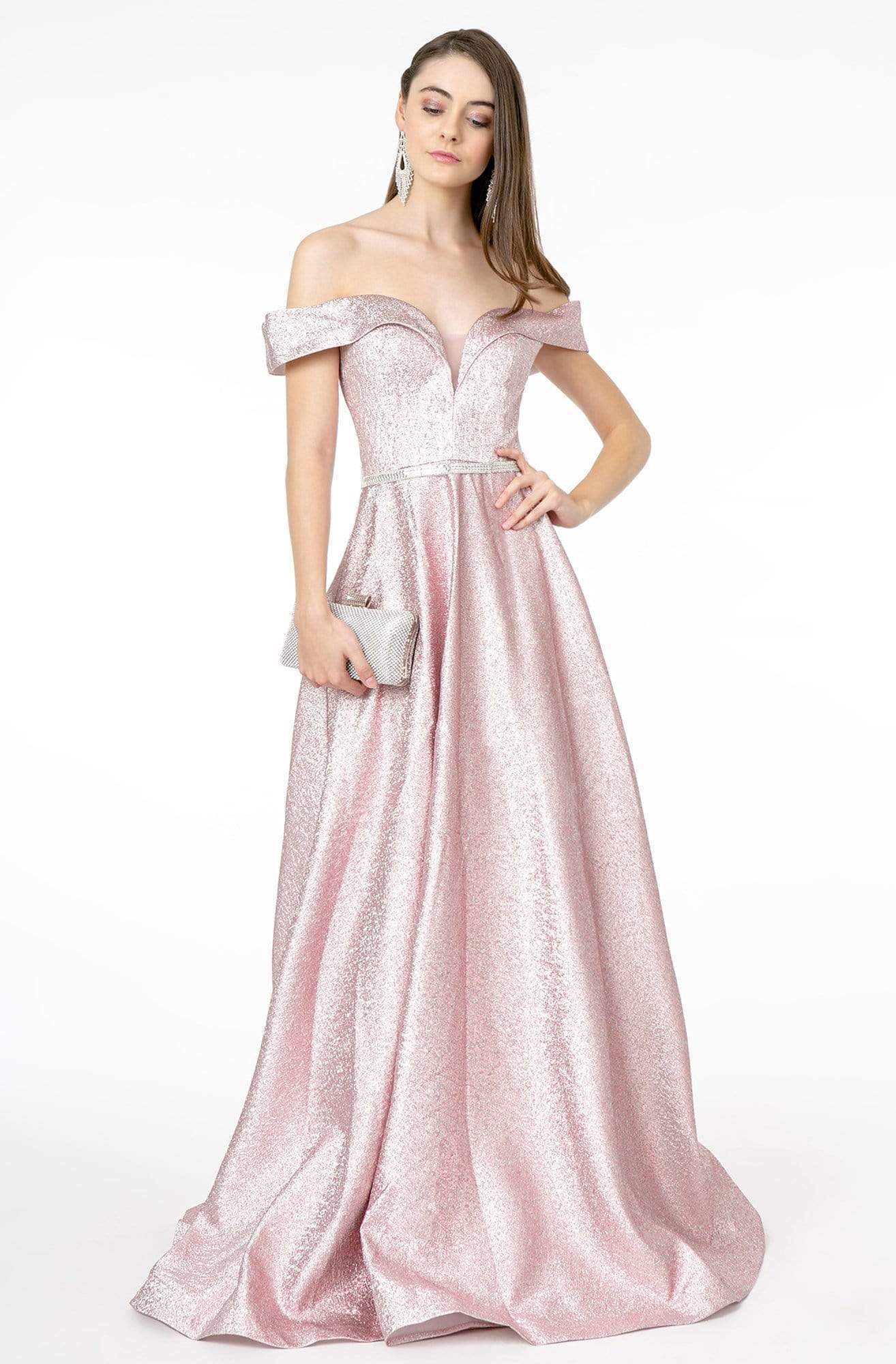 Elizabeth K - GL2982 Folded Off Shoulder Metallic Lame A-Line Gown Prom Dresses XS / D/Rose