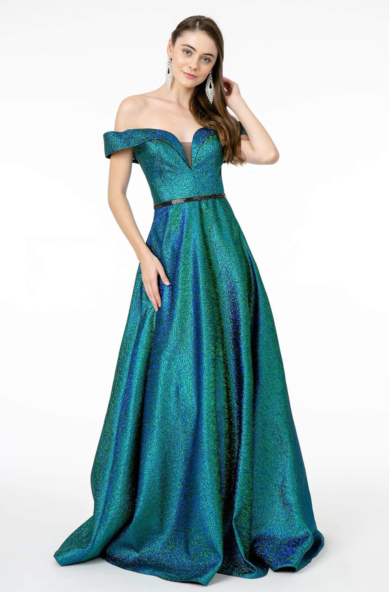 Elizabeth K - GL2982 Folded Off Shoulder Metallic Lame A-Line Gown Prom Dresses XS / Green