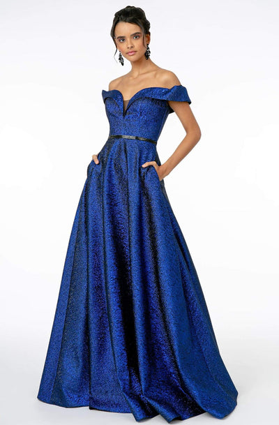 Elizabeth K - GL2982 Folded Off Shoulder Metallic Lame A-Line Gown Prom Dresses XS / Royal Blue