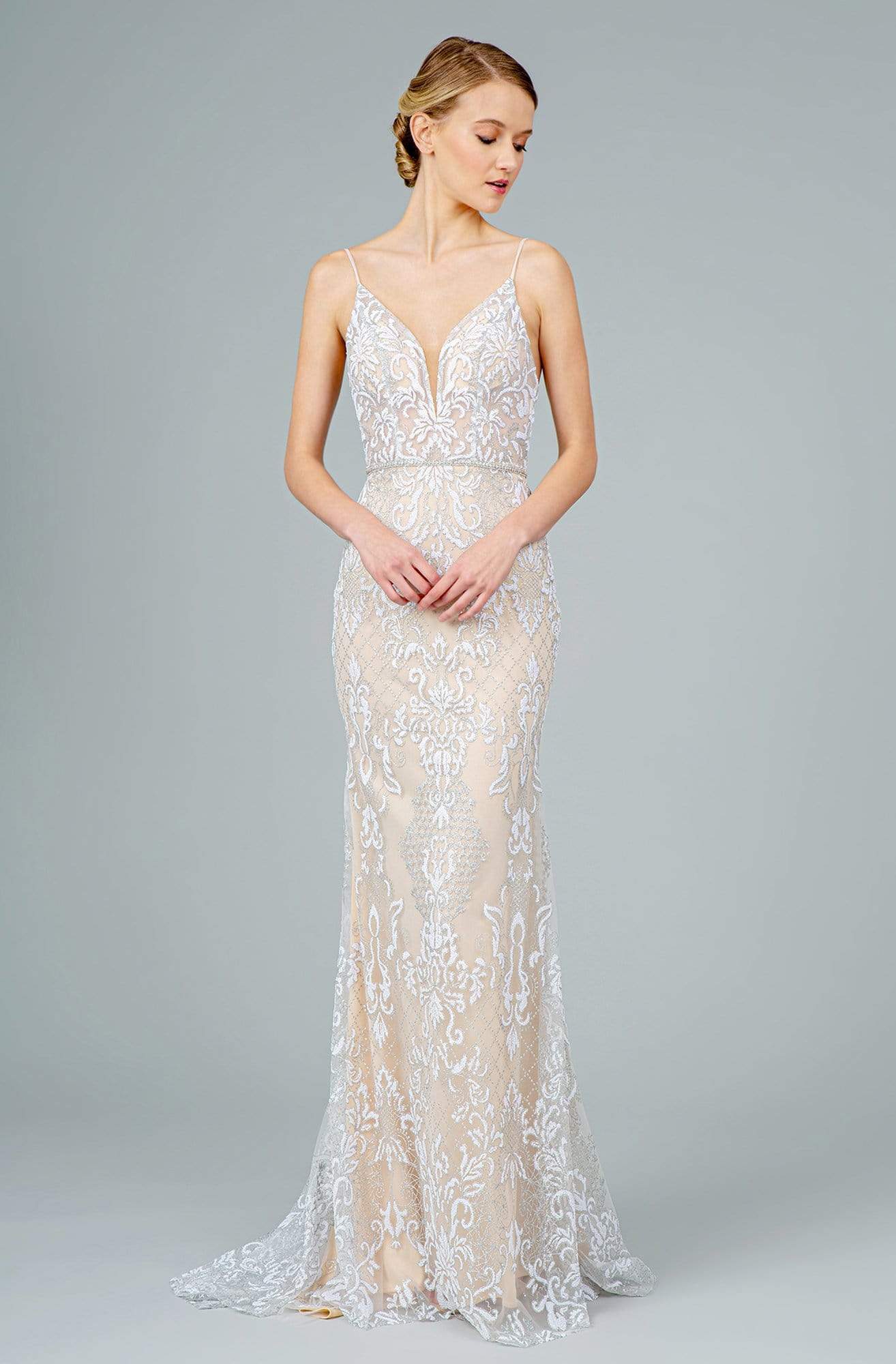 Elizabeth K - GL2990 Jeweled Deep V-Neck Sheath Dress Pageant Dresses XS / Ivory