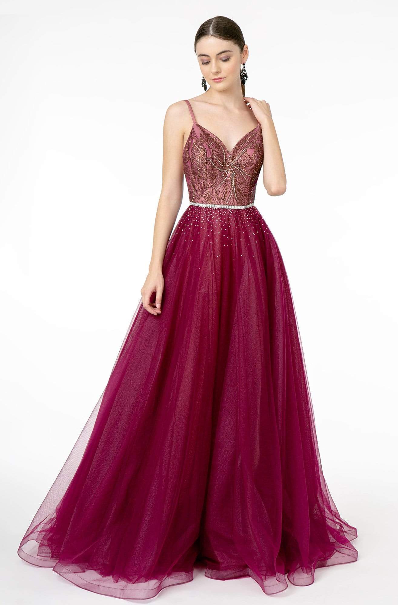 Elizabeth K - GL2991 Embellished Deep V-Neck A-Line Dress Prom Dresses XS / Wine