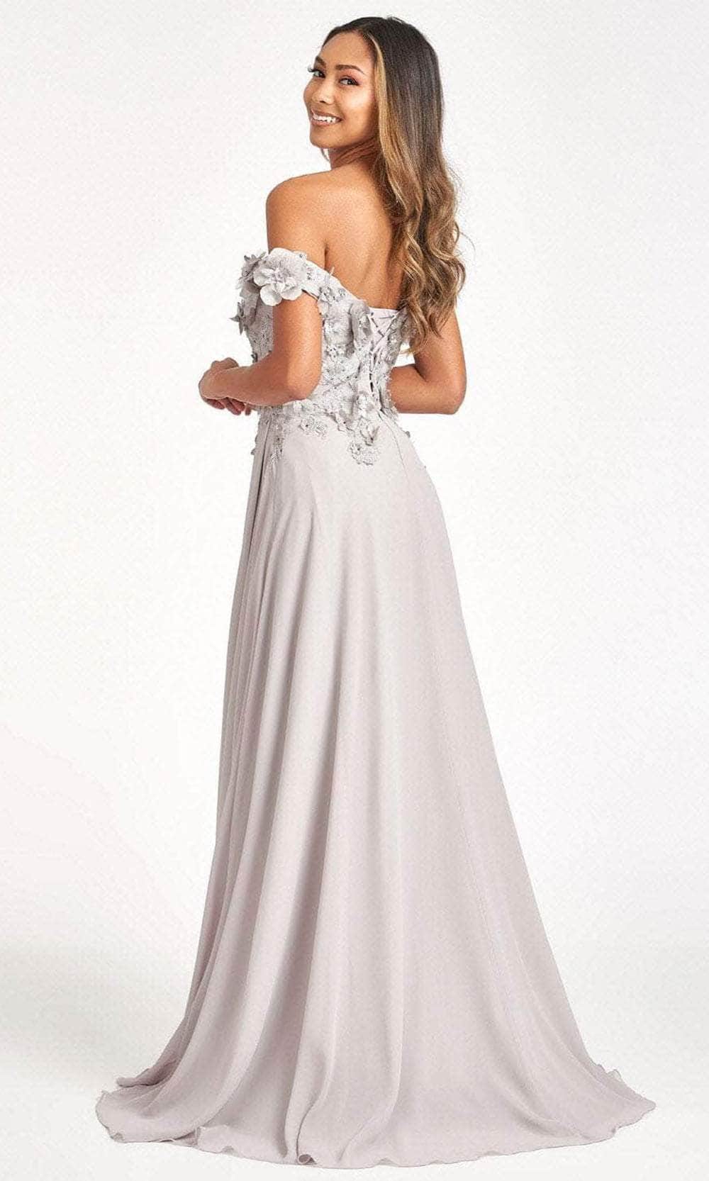 Elizabeth K GL3018 - Floral Embellished A-Line Evening Dress In Silver