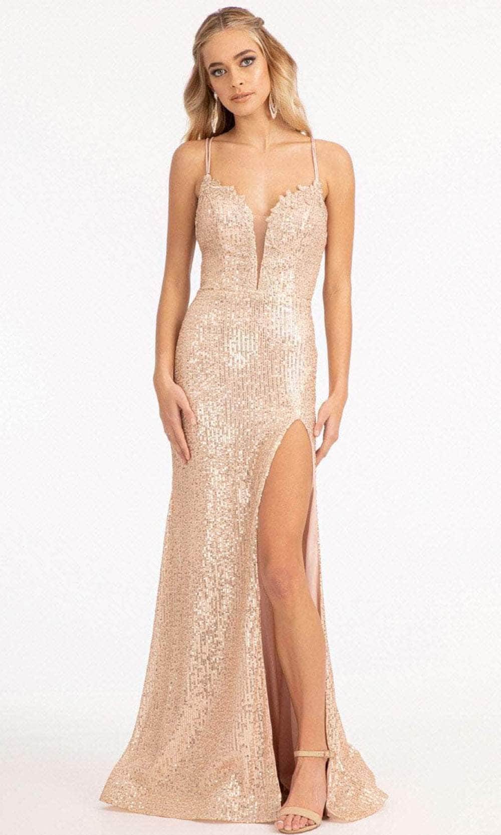 Elizabeth K GL3050 - Lace Trimmed Sequin Prom Dress Special Occasion Dress XS / Rose Gold