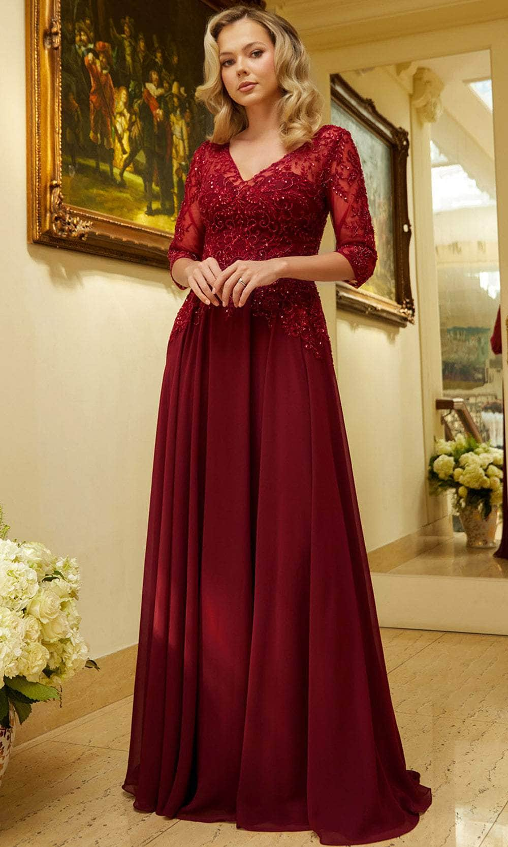 Elizabeth K GL3573 - Quarter Sleeve Lace Appliqued Formal Dress Mother of the Bride Dresses