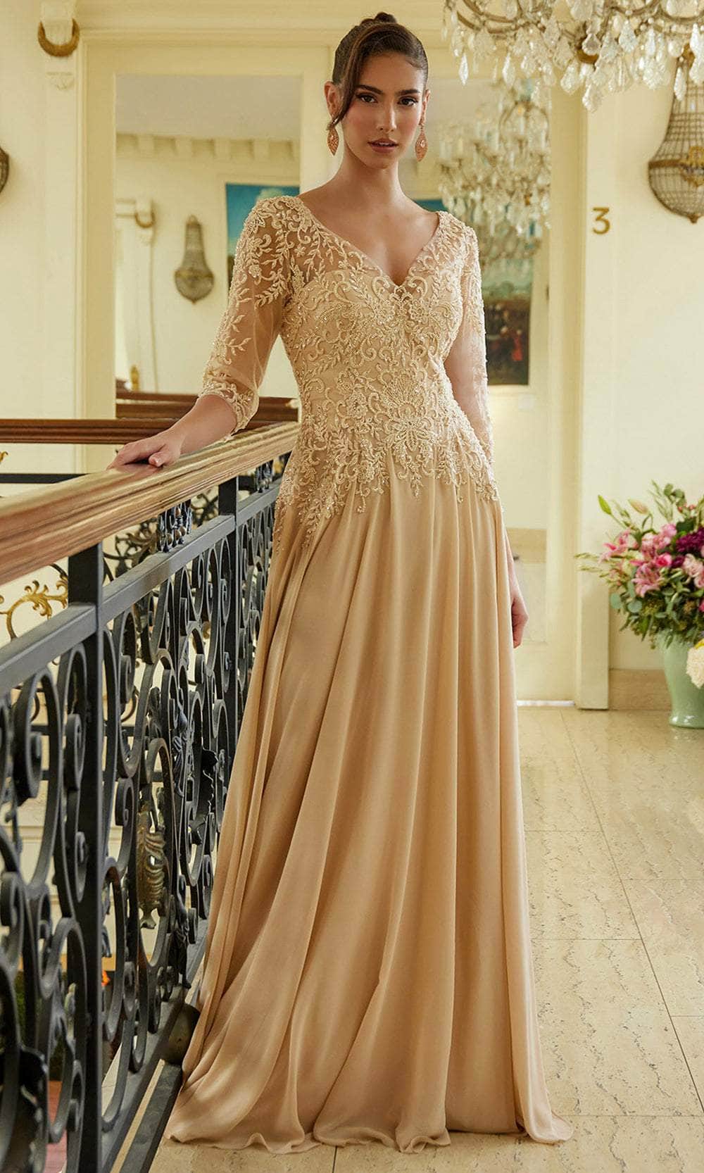 k formal dresses GLS Long Formal Mock 2 Piece Blush Prom Dress - Sleeveless V-Neckline with Embroidered Lace