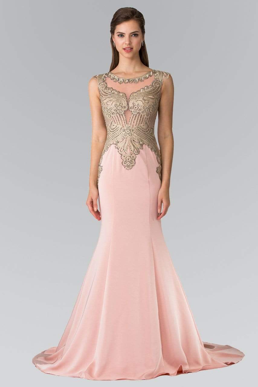 Elizabeth K - Gold Toned Embroidered Beaded Bodice Gown GL1461 Evening Dressses XS / D/Rose
