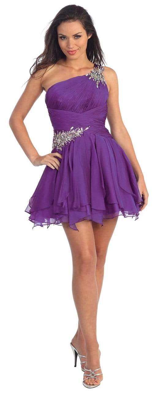 Elizabeth K - GS1037 Jeweled One Shoulder Short Ruffled Dress Homecoming Dresses XS / Purple