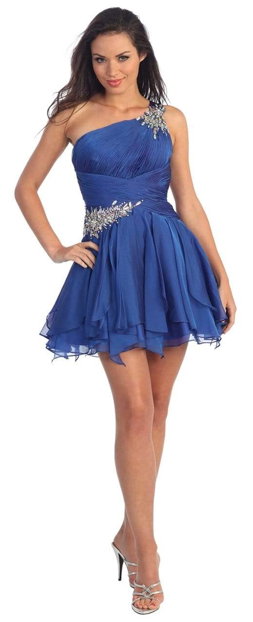 Elizabeth K - GS1037 Jeweled One Shoulder Short Ruffled Dress Homecoming Dresses XS / Royal Blue