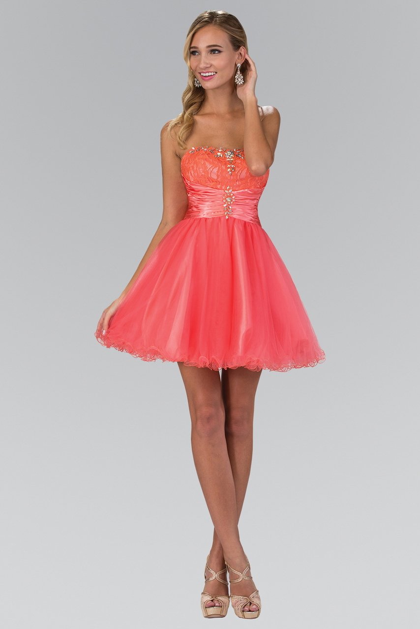 Elizabeth K - GS1345 Jeweled Strapless Lace-up Back Cocktail Dress Special Occasion Dress XS / Coral