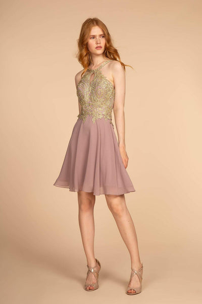 Elizabeth K - GS1615 Gilt-Embroidered High Halter Chiffon Dress Special Occasion Dress XS / Mauve