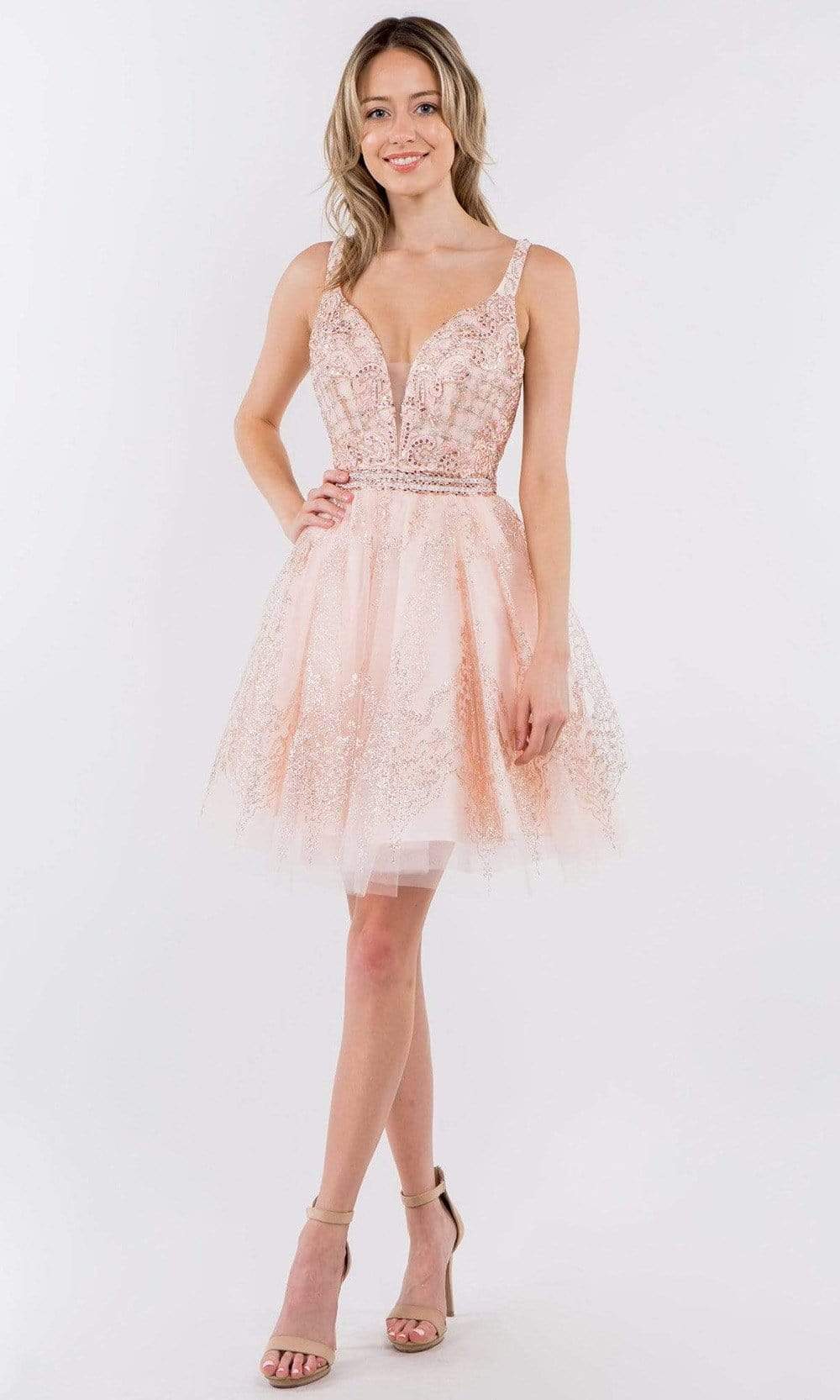 Elizabeth K - GS1965 Jeweled Waist Glitter A-Line Dress Cocktail Dresses XS / Blush