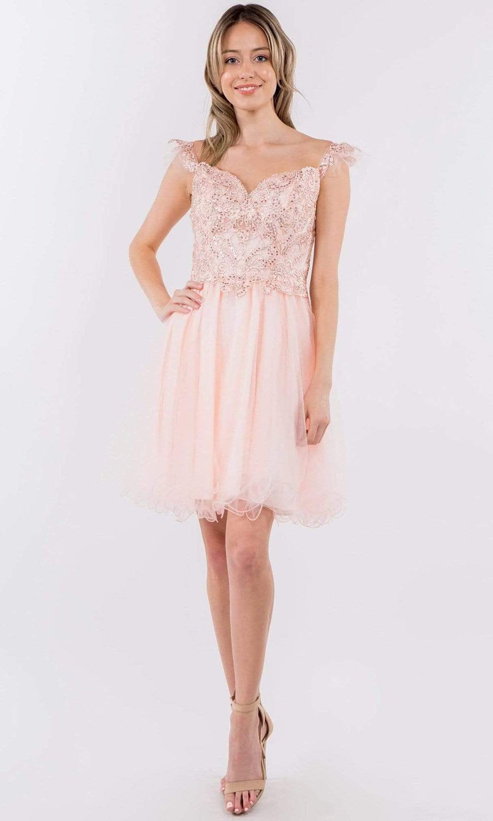 Elizabeth K - GS1966 Flutter Strap Embroidered A-Line Dress Cocktail Dresses XS / Blush