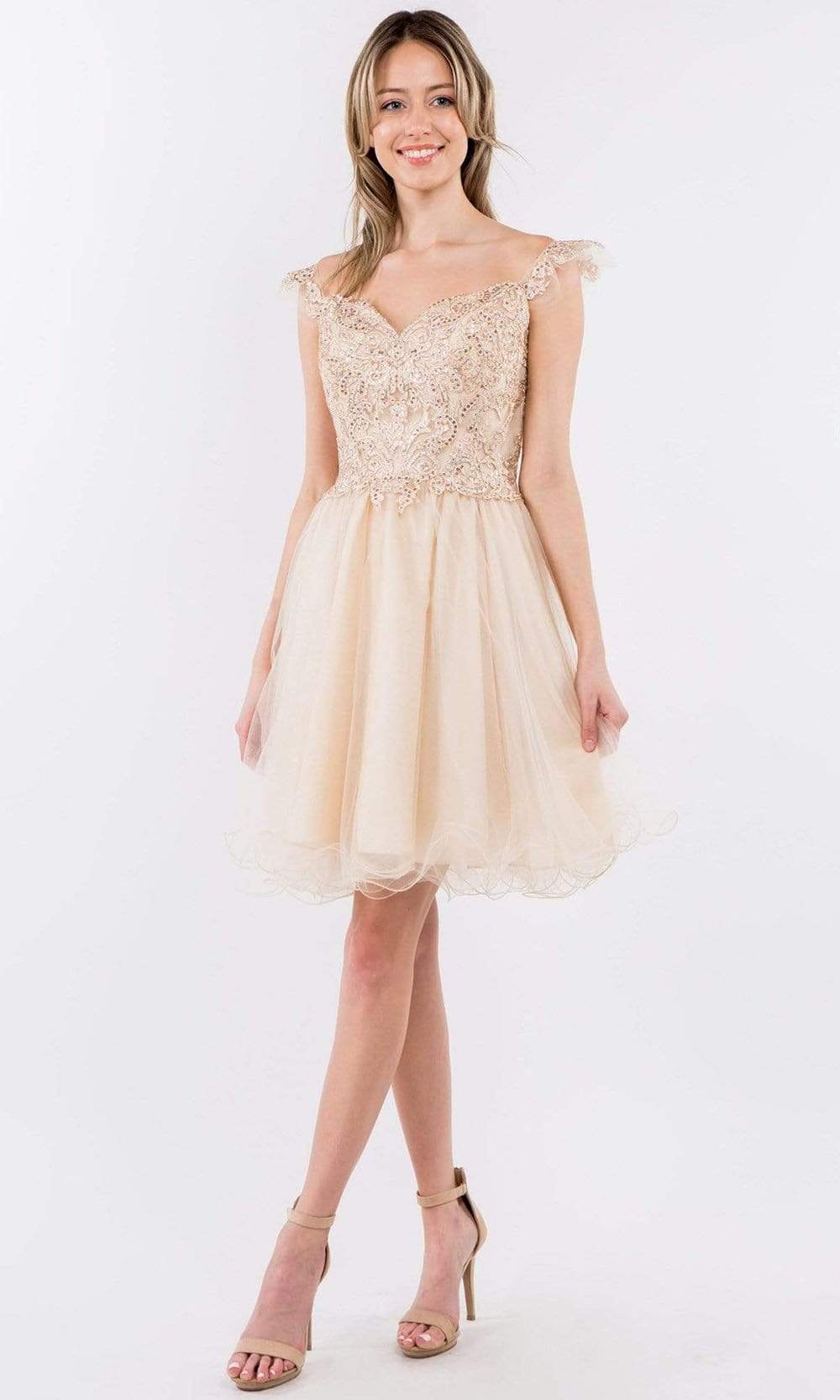 Elizabeth K - GS1966 Flutter Strap Embroidered A-Line Dress Cocktail Dresses XS / Champagne