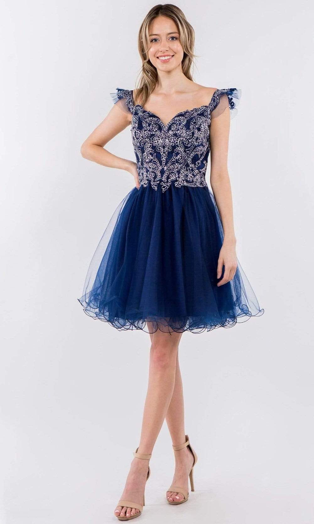 Elizabeth K - GS1966 Flutter Strap Embroidered A-Line Dress Cocktail Dresses XS / Navy