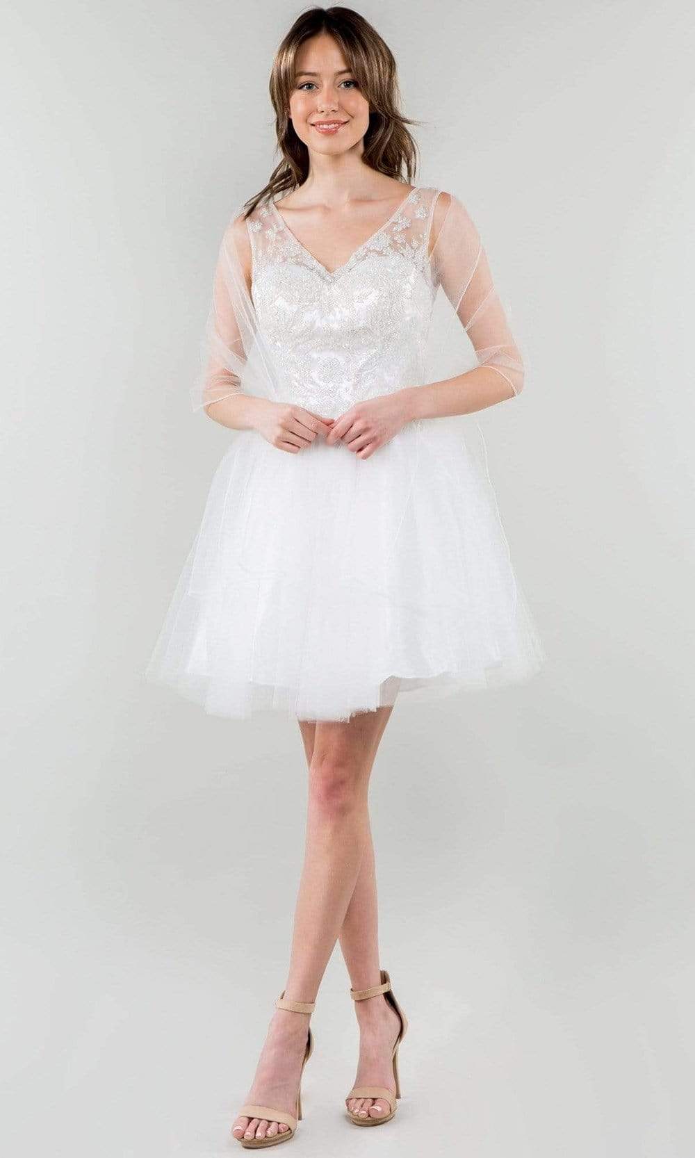 Elizabeth K - GS1968 Glitter Ornate A-Line Short Dress Cocktail Dresses In White