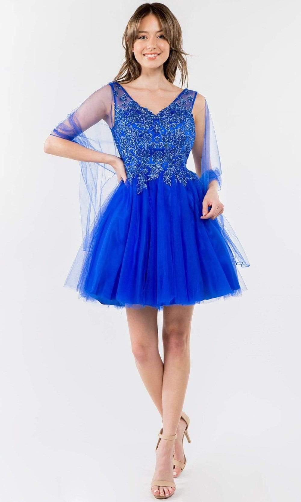 Elizabeth K - GS1968 Glitter Ornate A-Line Short Dress Cocktail Dresses XS / Royal Blue