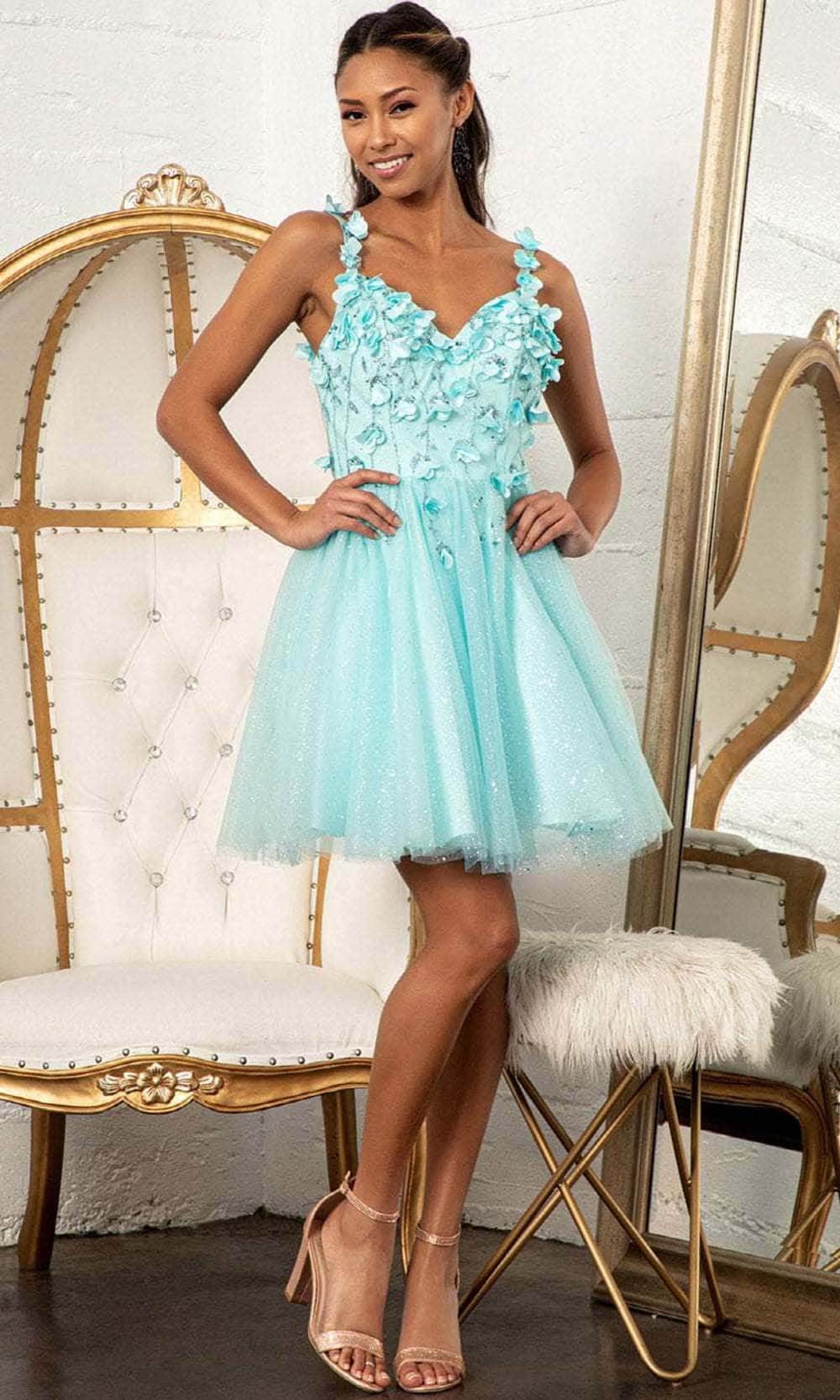 Elizabeth K GS1999 - 3D Florals Short Dress Cocktail Dresses XS / Tiffany Blue