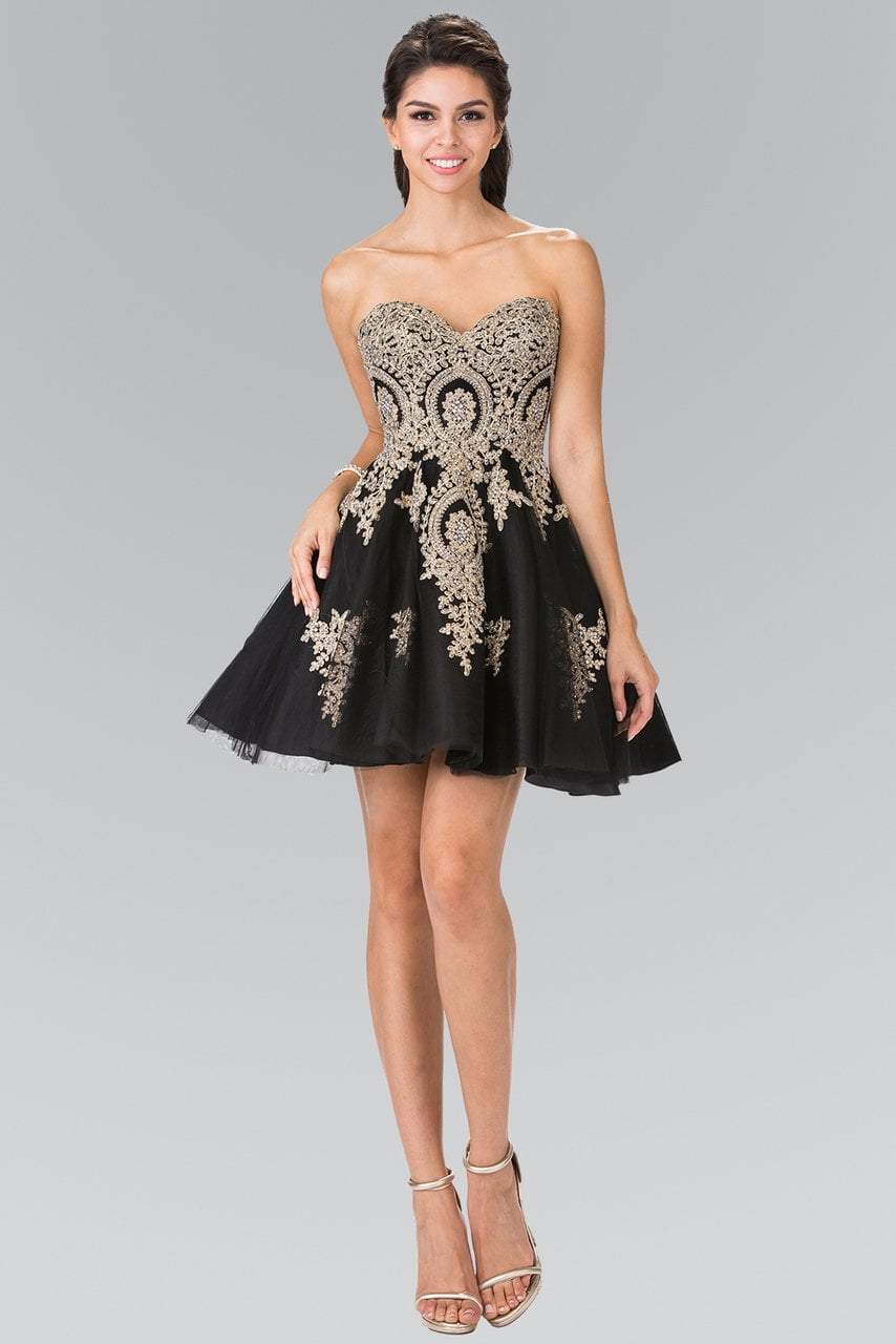Elizabeth K - GS2371 Strapless Sweetheart Gold Lace Applique Dress Bridesmaid Dresses XS / Black