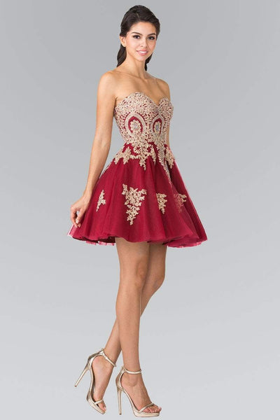 Elizabeth K - GS2371 Strapless Sweetheart Gold Lace Applique Dress Bridesmaid Dresses XS / Burgundy