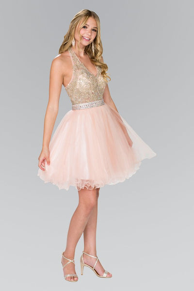 Elizabeth K - GS2382 Gold Applique Halter V-neck Tulle A-line Dress Special Occasion Dress XS / Blush