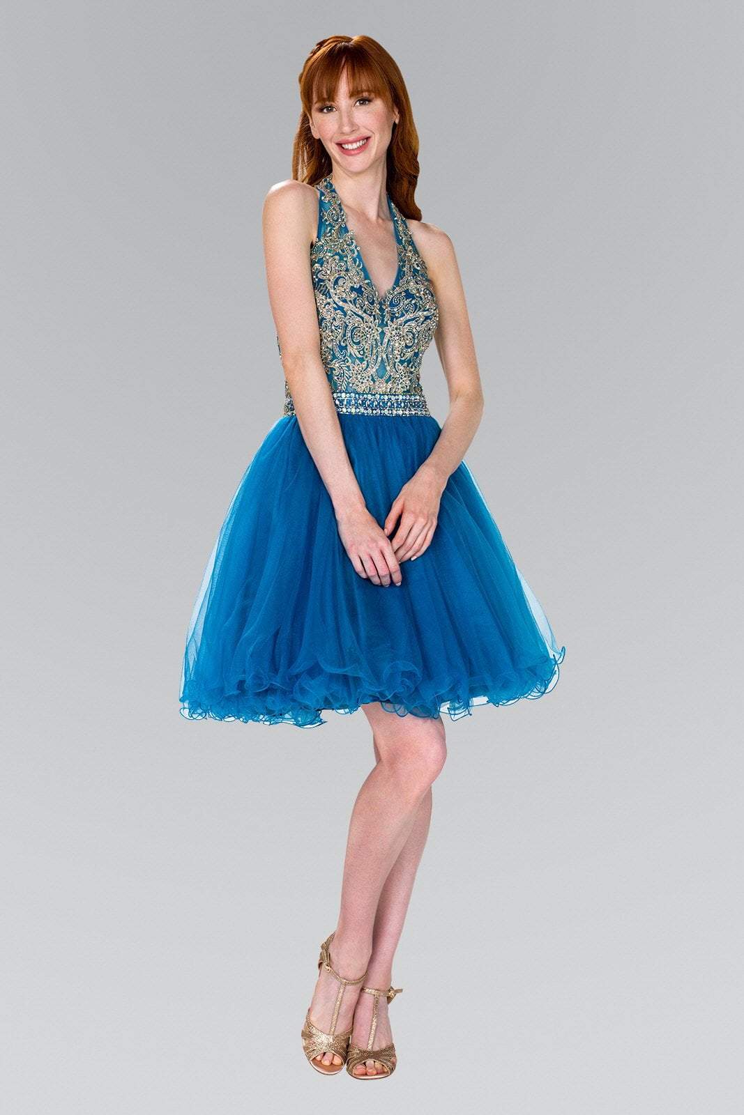 Elizabeth K - GS2382 Gold Applique Halter V-neck Tulle A-line Dress Special Occasion Dress XS / Teal