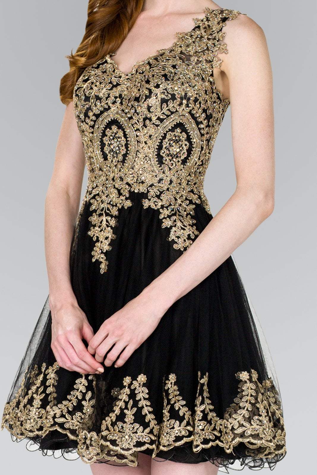 Elizabeth K - GS2403 Gold Lace Applique Tulle Cocktail Dress Bridesmaid Dresses