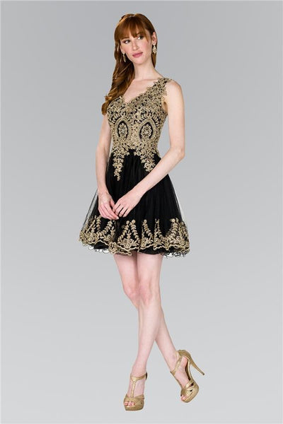 Elizabeth K - GS2403 Gold Lace Applique Tulle Cocktail Dress Bridesmaid Dresses XS / Black