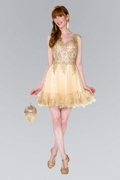 Elizabeth K - GS2403 Gold Lace Applique Tulle Cocktail Dress Bridesmaid Dresses XS / Champagne