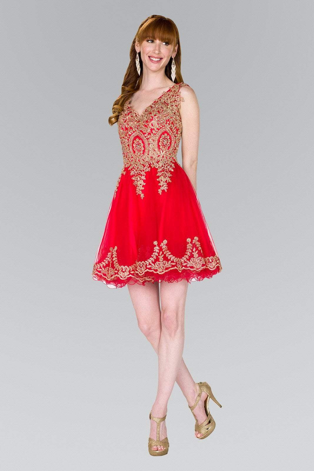 Elizabeth K - GS2403 Gold Lace Applique Tulle Cocktail Dress Bridesmaid Dresses XS / Red