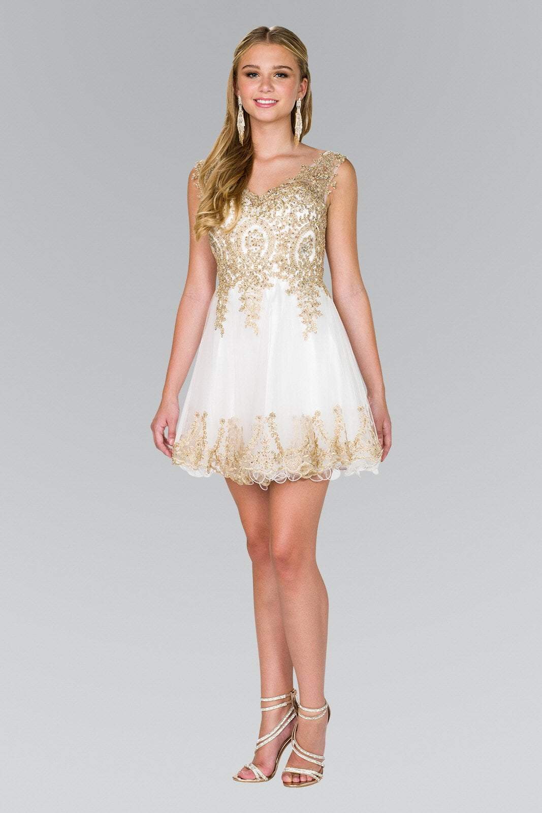 Elizabeth K - GS2403 Gold Lace Applique Tulle Cocktail Dress Bridesmaid Dresses XS / White