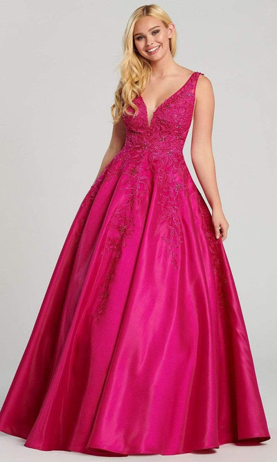 Ellie Wilde - EW120115 Bedazzled Deep V-neck Satin A-line Gown Prom Dresses 00 / Fuchsia
