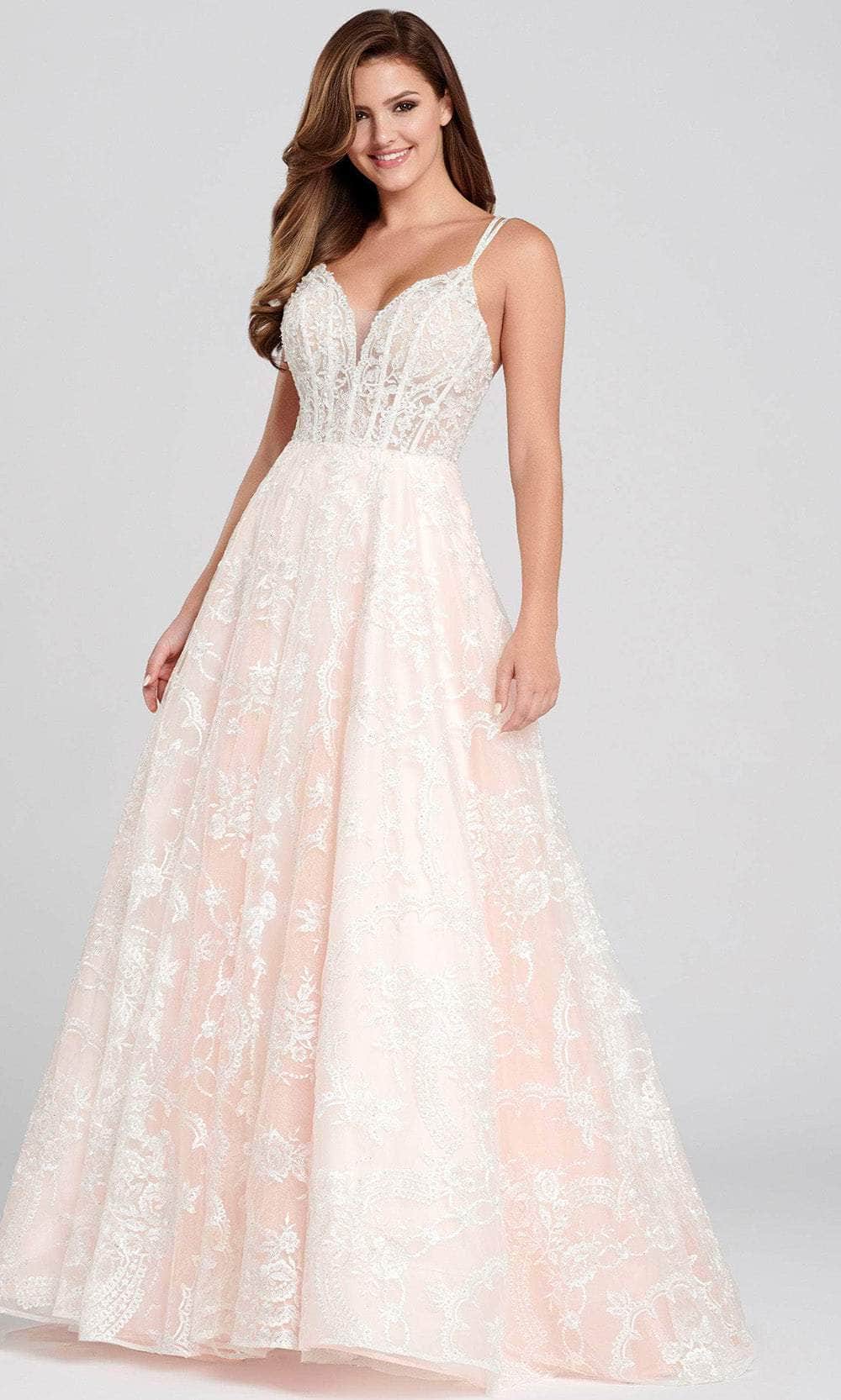 Ellie Wilde EW120135 - Sleeveless V-Neck A-Line Long Gown Prom Dresses 00 / Ivory/Blush