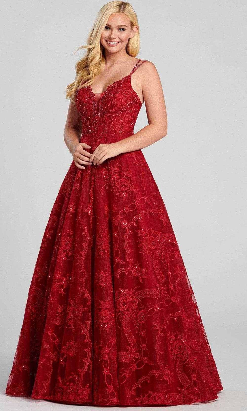 Ellie Wilde EW120135 - Sleeveless V-Neck A-Line Long Gown Prom Dresses 00 / Ruby