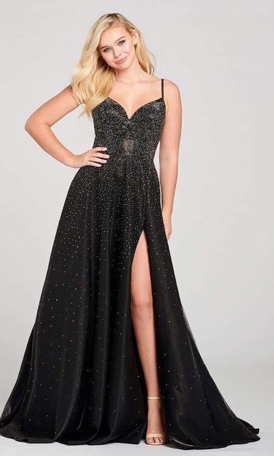 Ellie Wilde - EW121001 Strappy Open Back Crystal Studded Satin Gown Prom Dresses 00 / Black