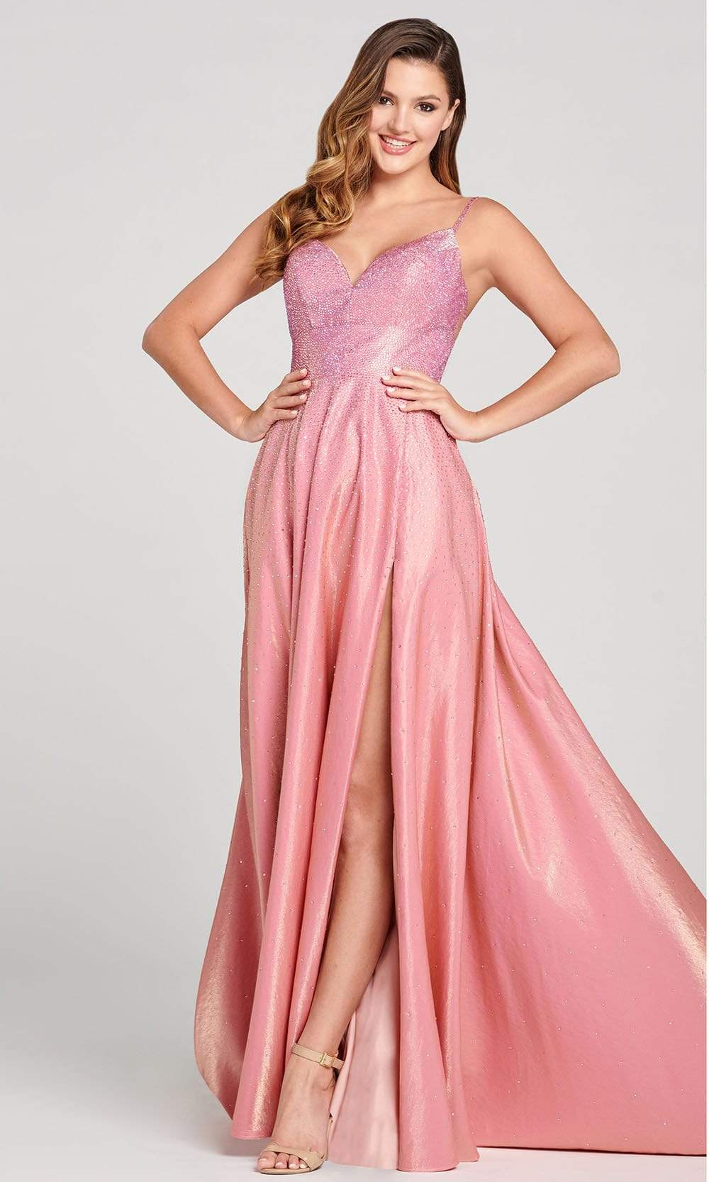 Ellie Wilde - EW121001 Strappy Open Back Crystal Studded Satin Gown Prom Dresses 00 / Pink Lemonade