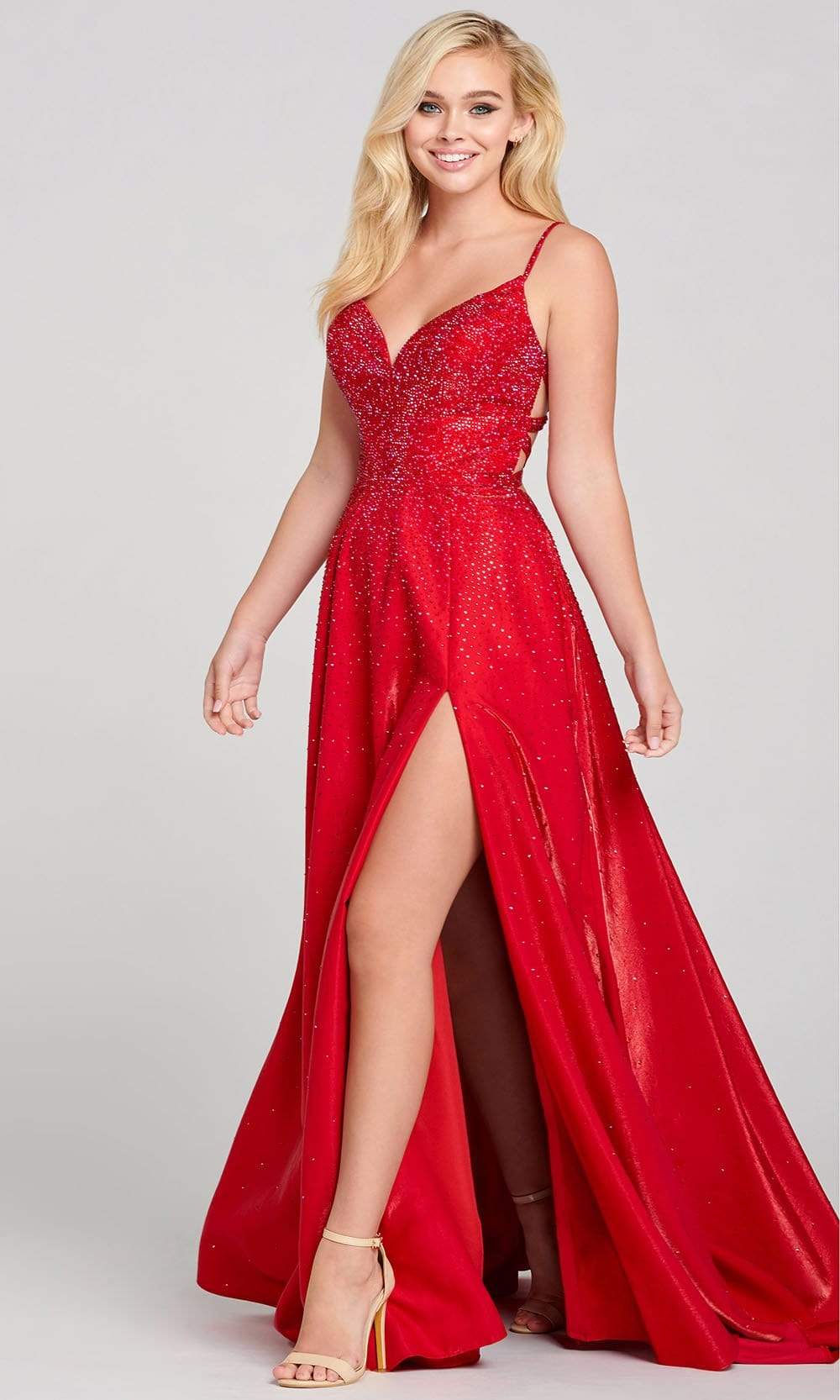 Ellie Wilde - EW121001 Strappy Open Back Crystal Studded Satin Gown Prom Dresses 00 / Ruby