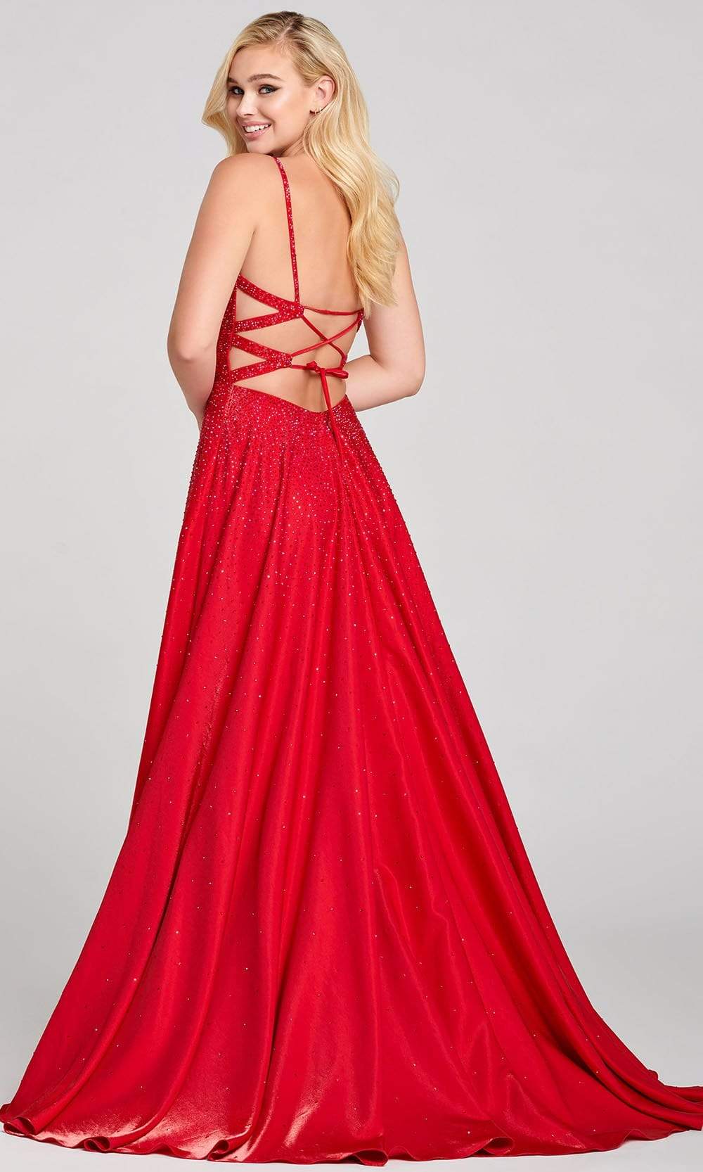 Ellie Wilde - EW121001 Strappy Open Back Crystal Studded Satin Gown Prom Dresses