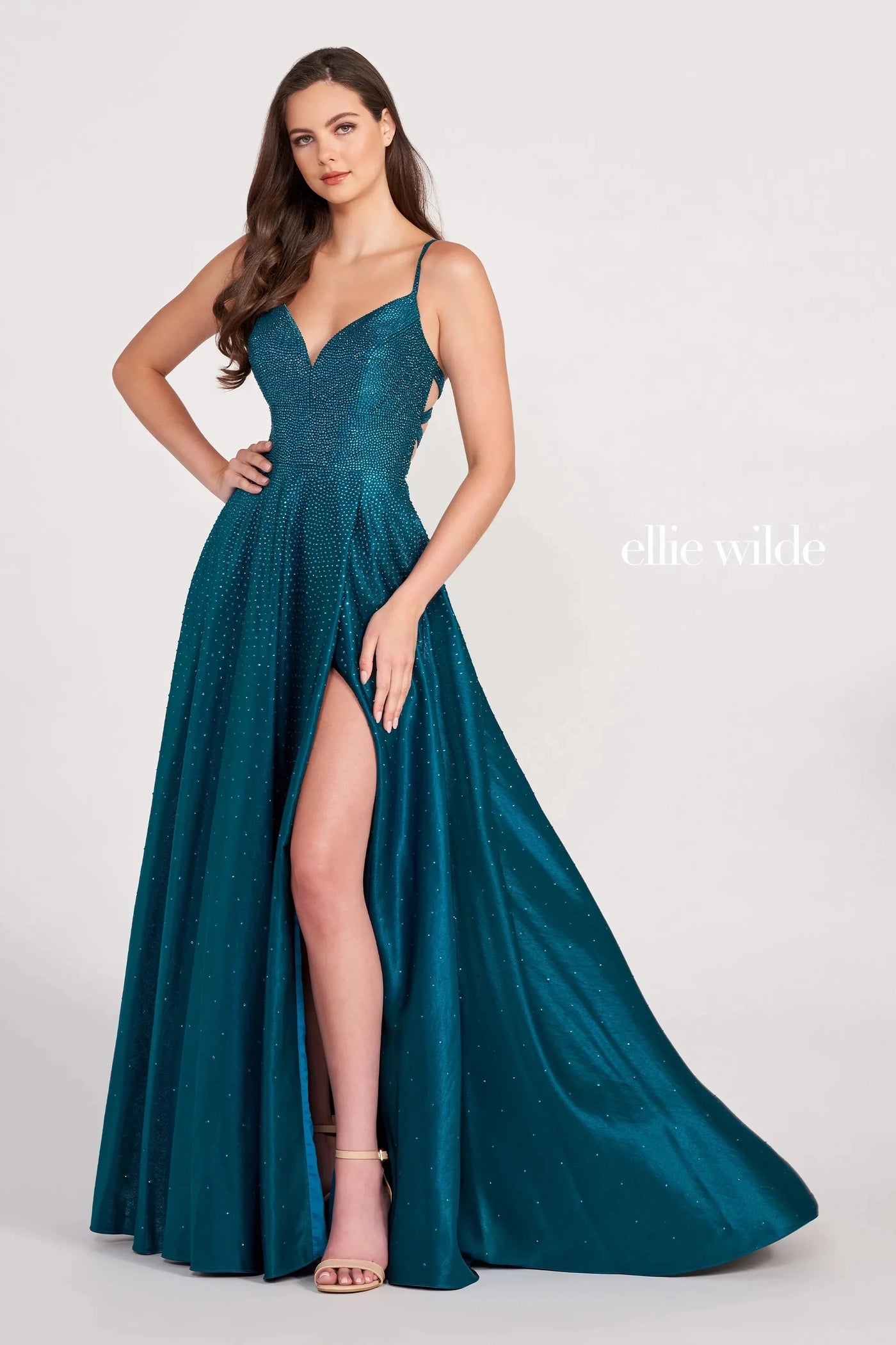 Ellie Wilde EW121001 Strappy Open Back Crystal Studded Satin Gown Prom Dresses