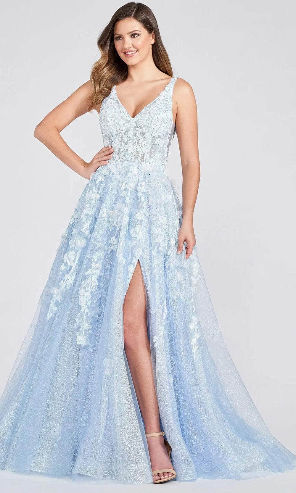 Ellie Wilde EW122007 - V-Neck Sleeveless Floral A-line Dress Prom Dresses 00 / Light Blue