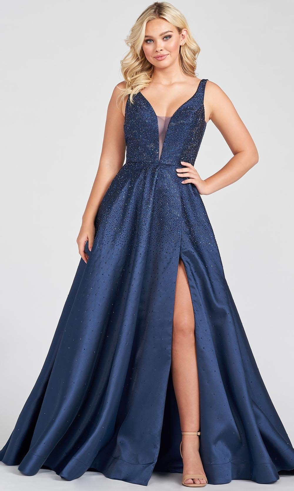 Ellie Wilde EW122021 - Beaded V-Neck Prom Gown Special Occasion Dress 00 / Navy Blue