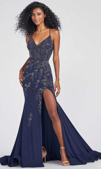 Ellie Wilde EW122028 - Bejeweled V-Neck Prom Dress Prom Dresses 00 / Navy Blue/Gunmetal